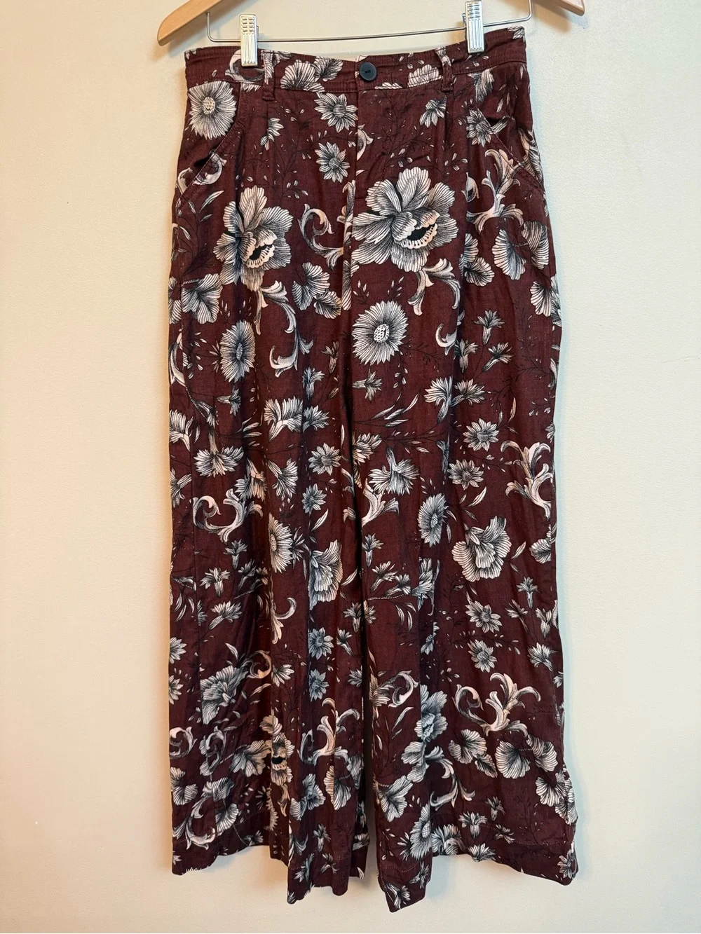 Anthropologie Low Rise Wide-Leg Floral Linen Blend Trouser Pants